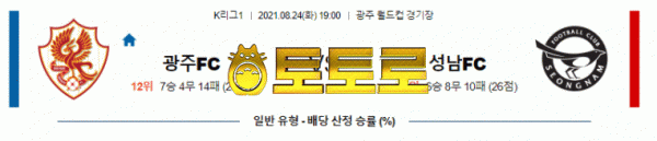 먹튀토토로 픽 국내축구 K리그 1부 8월24일  광주FC : 성남FC 분석